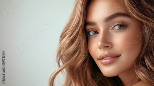 A close-up portrait captures the serene expression of a young woman, her eyes radiating warmth and calmness, with softly cascading hair framing her face elegantly.