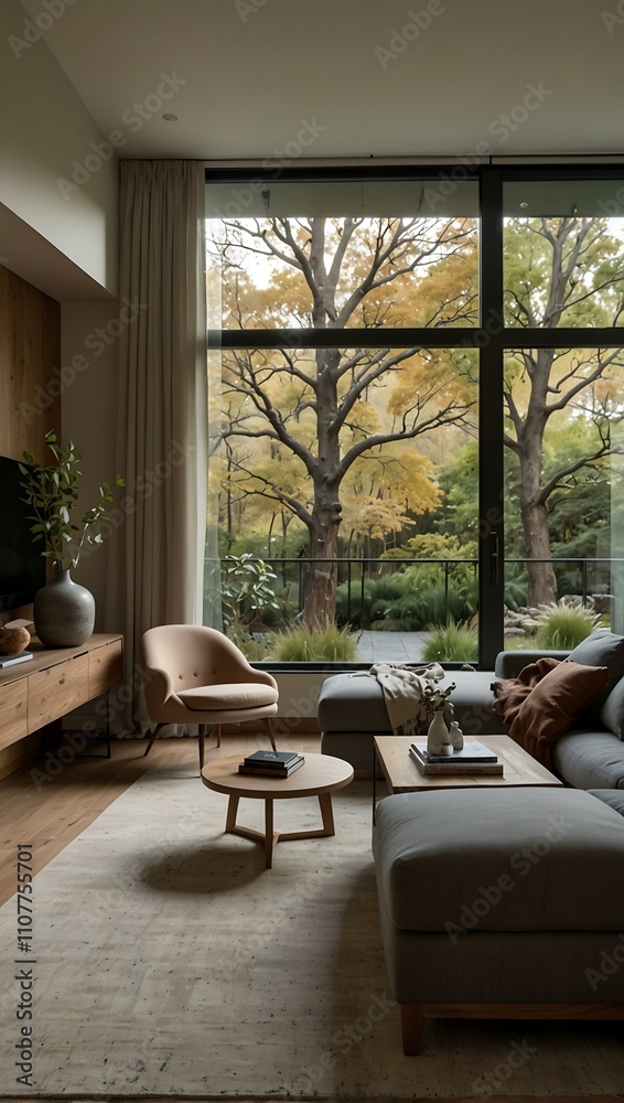 Fototapeta premium Modern living room with natural light and muted decor.