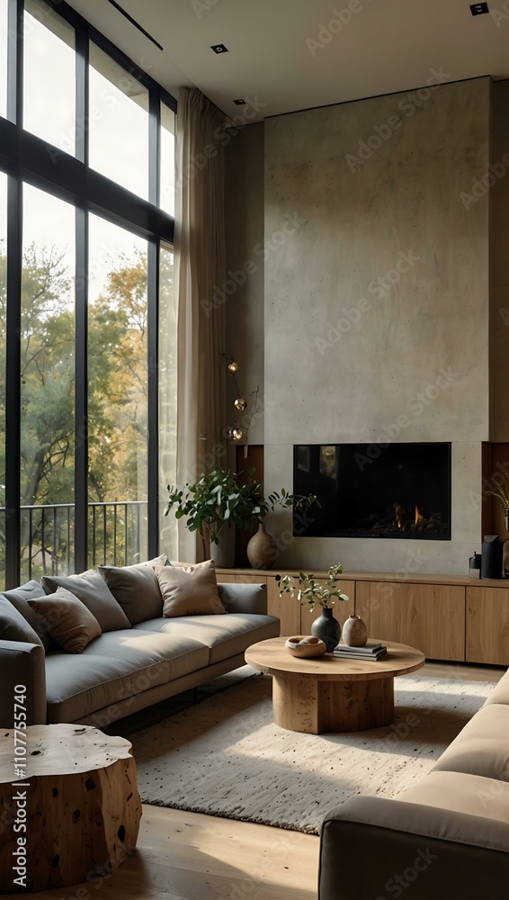 Fototapeta premium Modern living room with natural light and muted decor.