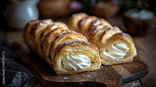 A delicious image showcasing flaky pastries filled with cream, arranged enticingly on a wooden cutting board, capturing the essence of indulgence and culinary delight. photo