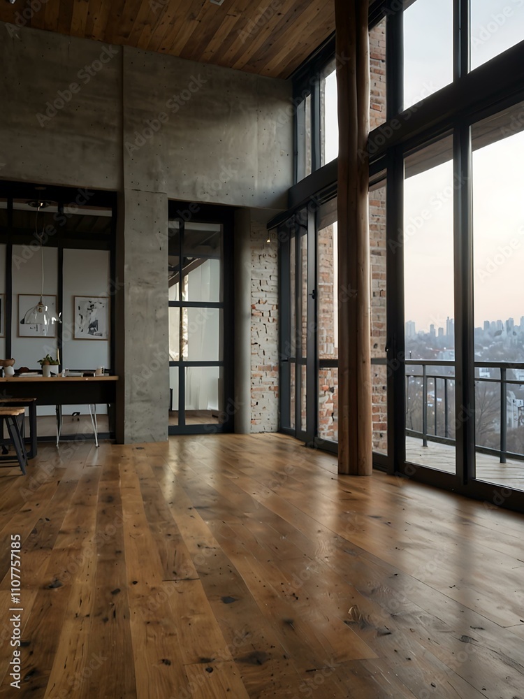 Fototapeta premium Modern loft-style room with a large window and wooden flooring.