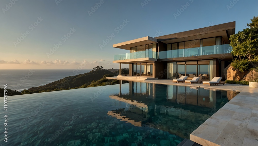 Fototapeta premium Modern luxury estate with infinity pool and ocean view.
