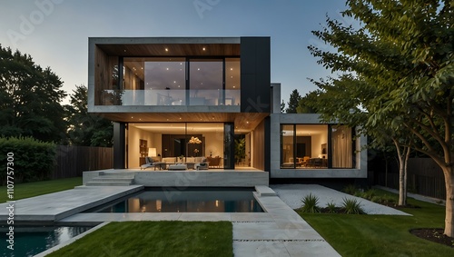 Modern luxury home with cantilevered design. photo