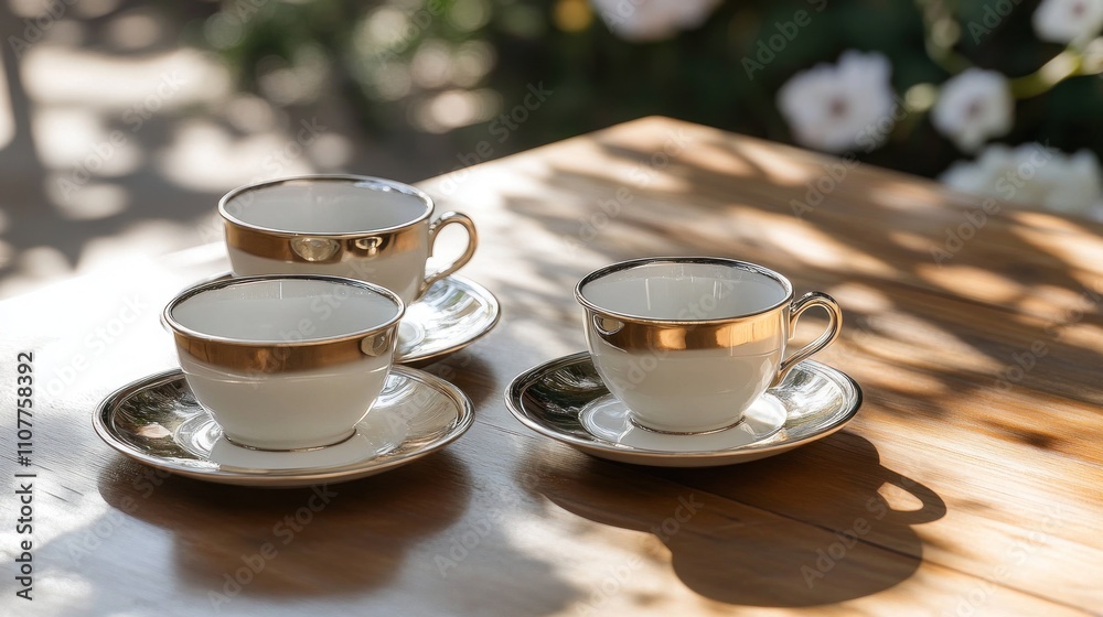 Fototapeta premium Luxury ceramic cups and saucers with glossy glaze, arranged on a polished wood table 