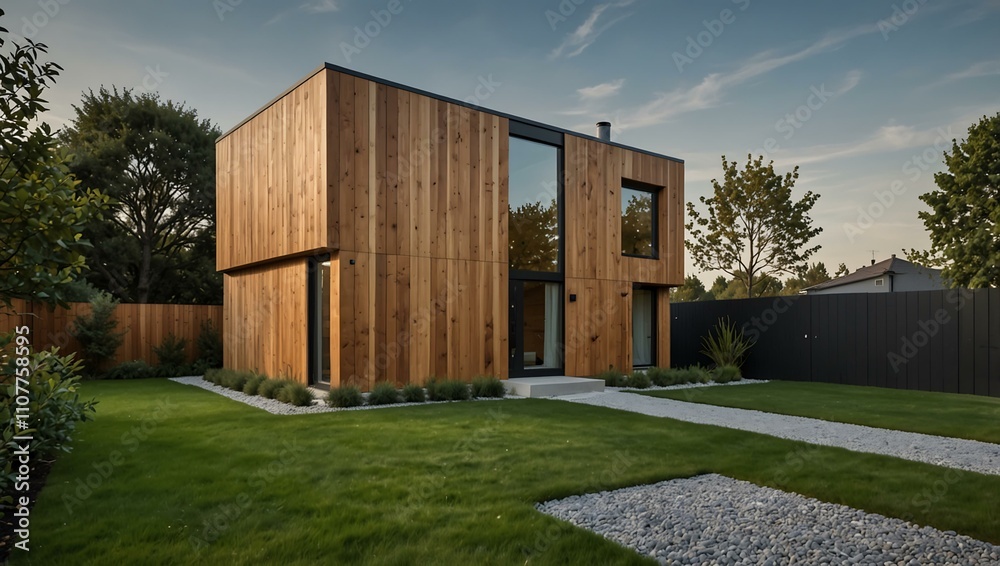 Obraz premium Modern minimalist cube house with wooden cladding and landscaped front yard.
