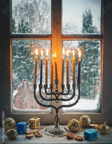 A menorah with lit candles in a snowy window during the celebration of Hanukkah in January, surrounded by dreidels and gelt. photo