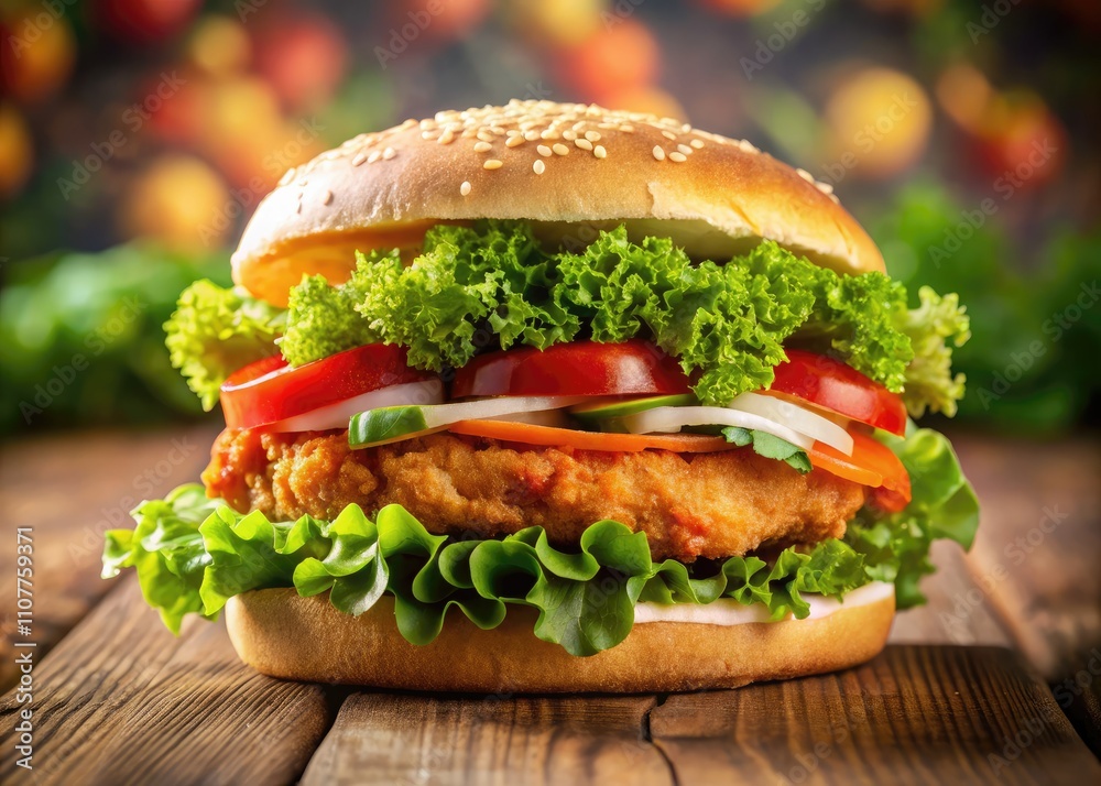 Enjoy a crispy chicken sandwich with golden breading, fresh ingredients, and vibrant colors, making it a captivating choice for food photography and restaurant menus.