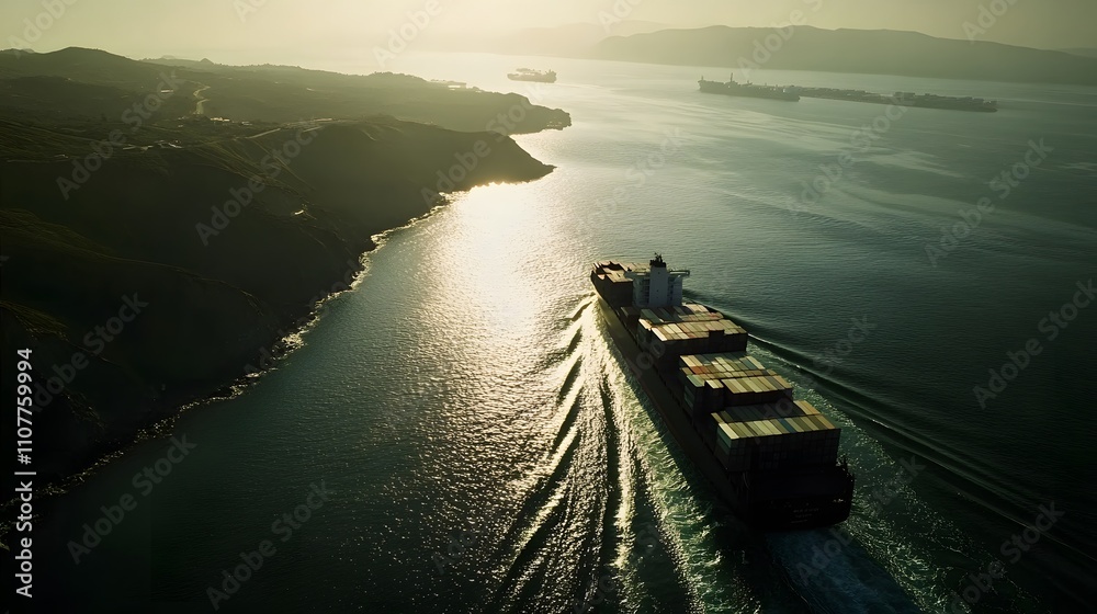 Fototapeta premium Aerial view of a cargo ship with containers moving through a harbor, showcasing logistics and transportation in a global trade scene.