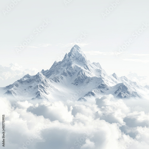 majestic mountain peak rises above soft, fluffy clouds, creating serene and tranquil atmosphere. pristine white background enhances beauty of this natural landscape