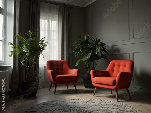 Modern red armchair in a stylish home interior with plants.