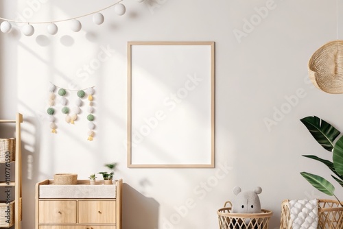 Environmentally conscious nursery with a poster mockup, recycled wood furniture and plant accents, neutral baby accessories and soft sunlight casting gentle shadows photo