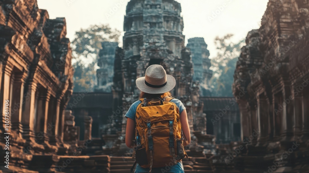 Fototapeta premium Traveler with backpack exploring ancient temple ruins, with intricate architecture and lush surroundings, showcasing adventure and cultural exploration.