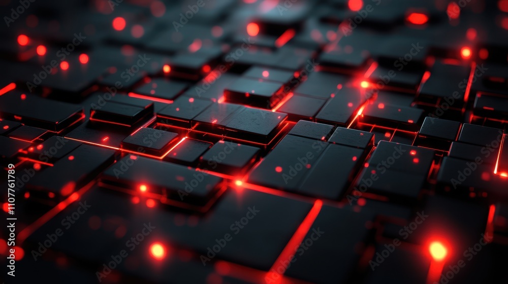 Obraz premium A close-up view of black, glossy tiles illuminated by vibrant red lights creates a futuristic and tech-inspired aesthetic, ideal for digital art, technology advertisements, and abstract backgrounds,