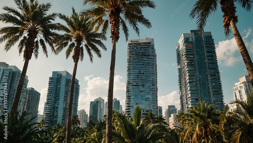 Fototapeta premium Modern skyscrapers surrounded by palm trees in an urban jungle.
