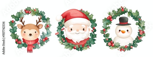 Three adorable Christmas characters: Santa Claus, reindeer, and snowman in scarves with a festive wreath. Perfect for holiday cards, posters, or banners.
