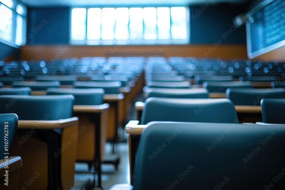 Fototapeta premium Empty lecture hall with blue seats and blurred background