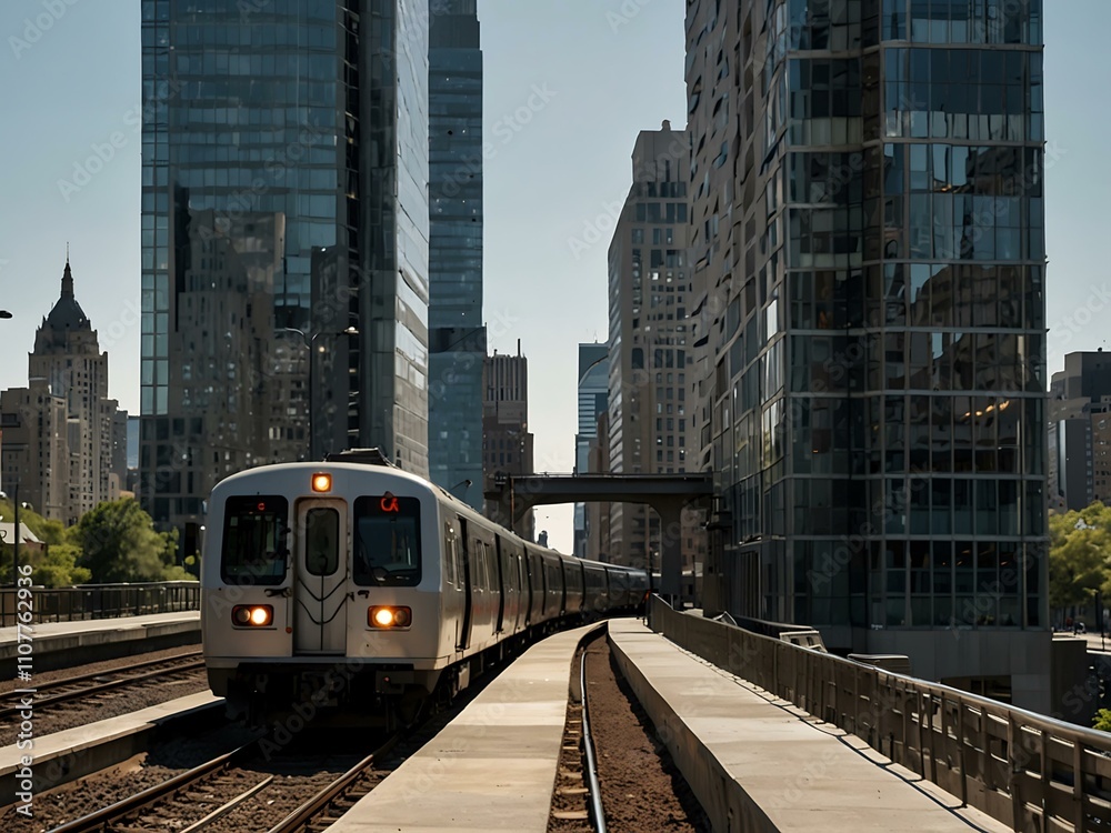 Naklejka premium Modern train moving through a cityscape of tall buildings.