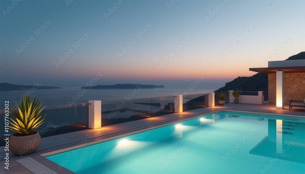 Fototapeta premium A tranquil poolside retreat, where the sky meets the water at sunset