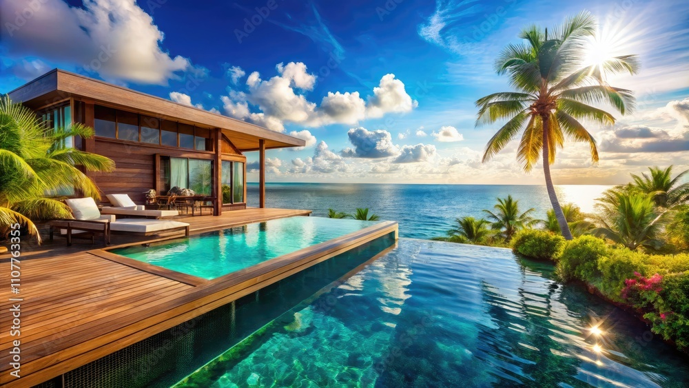 Fototapeta premium Experience a luxurious getaway in an overwater villa with an infinity pool, overlooking a stunning blue ocean. This tropical paradise promises relaxation and serenity in an exotic landscape.