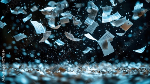 a concept of business documents flying in the air with a lot of them isolated on a black backgroun