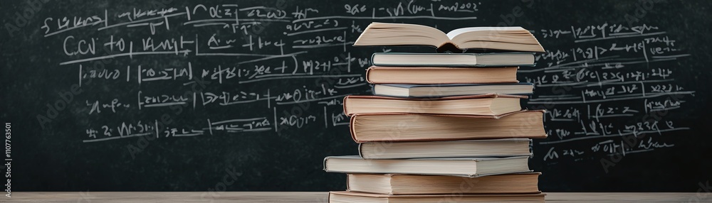 Stack of books in front of a chalkboard with math formulas, symbolizing knowledge and learning. Stack of books in front of a chalkboard with math formulas, symbolizing knowledge and learning.