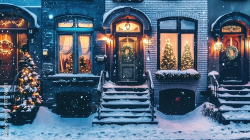 Victorian-style townhouses adorned with festive Christmas decorations, featuring decorated trees visible through frosted windows, wreaths on doors, and snowy steps lined with garlands photo