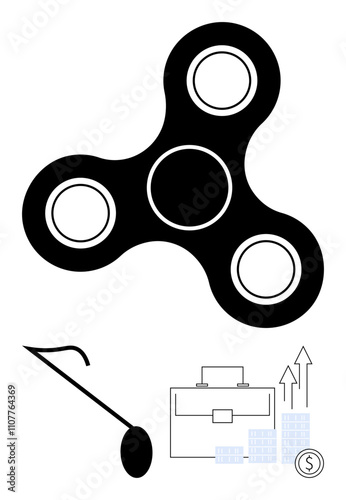 Black fidget spinner above a white cane and briefcase with rising graph and coins. Ideal for stress relief, disability support, business growth, productivity, financial success, accessibility
