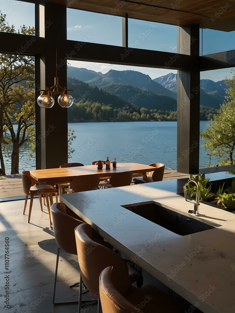 Fototapeta premium Modern villa kitchen overlooking a scenic lake.