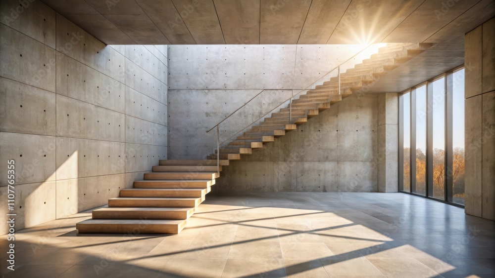 Sunlight streams through large windows illuminating a modern concrete staircase with a sleek metal railing in a minimalist interior space. Sunlight streams through large windows illuminating a modern concrete staircase with a sleek metal railing in a minimalist interior space.