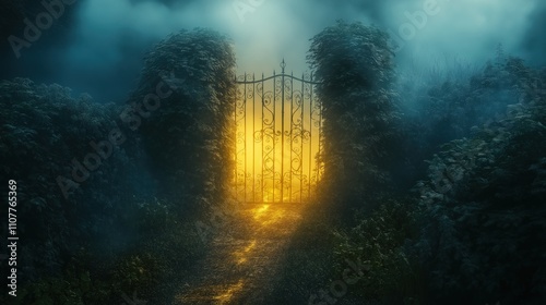 Narrow Ivy-Covered Pathway Leading to a Glowing Iron Gate Shrouded in Fog at Dusk