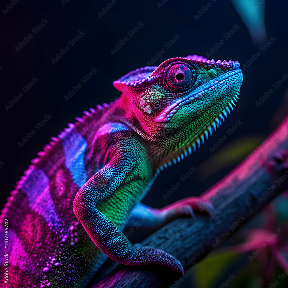 Obraz premium bright neon colors shining on wild chameleon