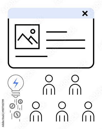Web page frame with image placeholder, text, close button five user icons lightbulb emitting dollar signs. Ideal for user interface, web design, teamwork, brainstorming, finance, innovation