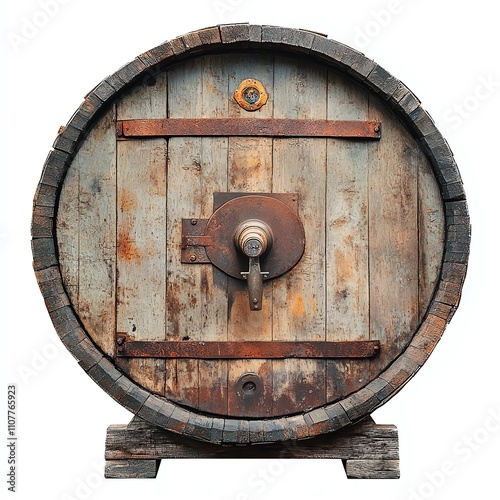 A rustic wooden barrel with a weathered surface, featuring metal straps and a circular shape. The barrel is ideal for storage or as a decorative item in wine or beer settings. photo