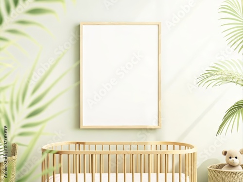 Eco-conscious nursery with a poster mockup on a neutral-toned wall, baby crib made from natural materials and green plants surrounding, bright and airy composition with soft sunlight photo