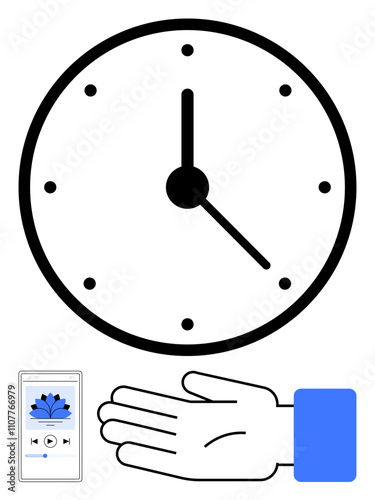 Clock showing time, open hand symbolizing giving or receiving, and smartphone with meditation app. Ideal for mindfulness, relaxation, time management, productivity, digital wellness, work-life