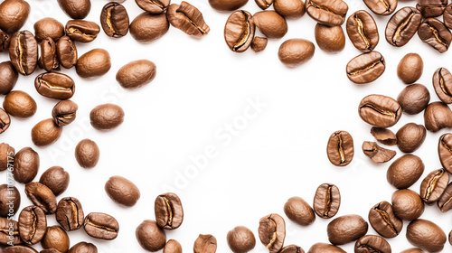 Coffee beans flying with blur and motion effect on white background with space for text in the center. Frame of falling beans for coffee advertising