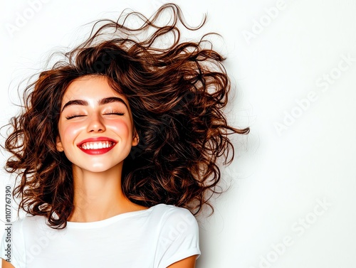 A joyful young woman with voluminous curly hair smiles brightly against a white background, radiating happiness and positivity. photo