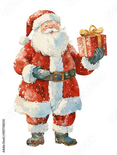 Watercolor hand-drawn Santa Claus character standing on a white background holding colorful gifts. Perfect for holiday cards and seasonal designs.