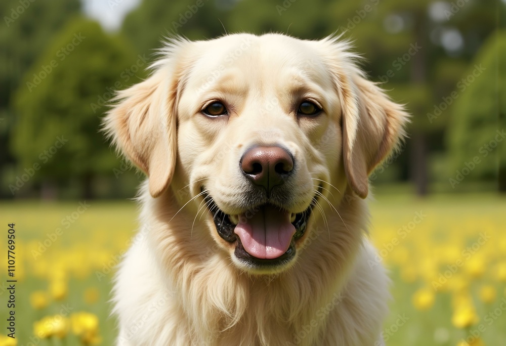 Obraz premium Happiness, relax and dog in park, pet and cheerful with fur, summer and carefree. Outdoor, sunshine and animal with nature, break and calm with golden retriever, healthy and playful with fun