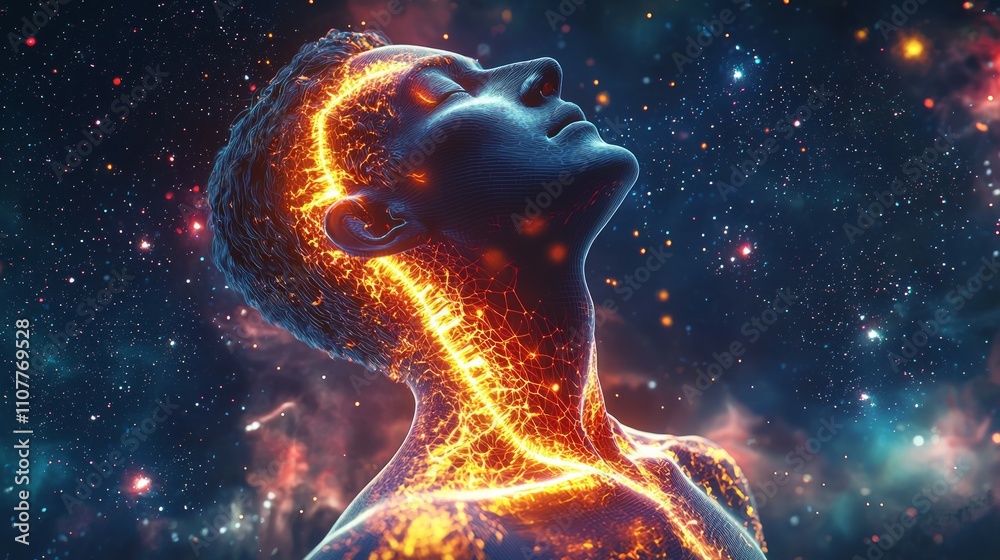 Fototapeta premium A highly detailed 3D illustration focusing on the upper body of a person, from chest to head, neck painful, spine skeleton x-ray, medical concept.