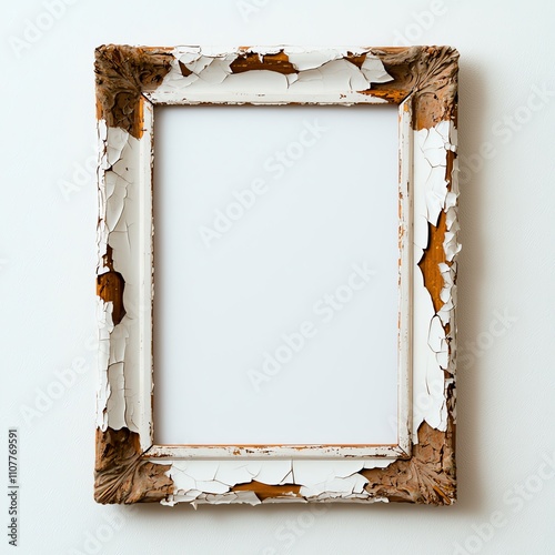 An empty, vintage frame with peeling paint sits against a pristine white background, creating a contrast that emphasizes its rustic charm and character. photo