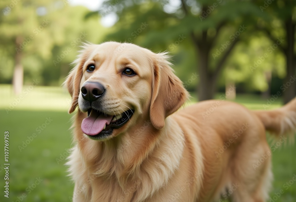 Obraz premium Happiness, relax and dog in park, pet and cheerful with fur, summer and carefree. Outdoor, sunshine and animal with nature, break and calm with golden retriever, healthy and playful with fun