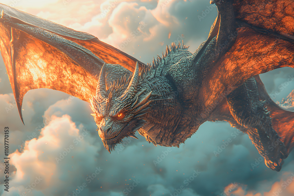 Obraz premium Majestic Fire-Breathing Dragon Soaring Through a Mystical Golden Sky 