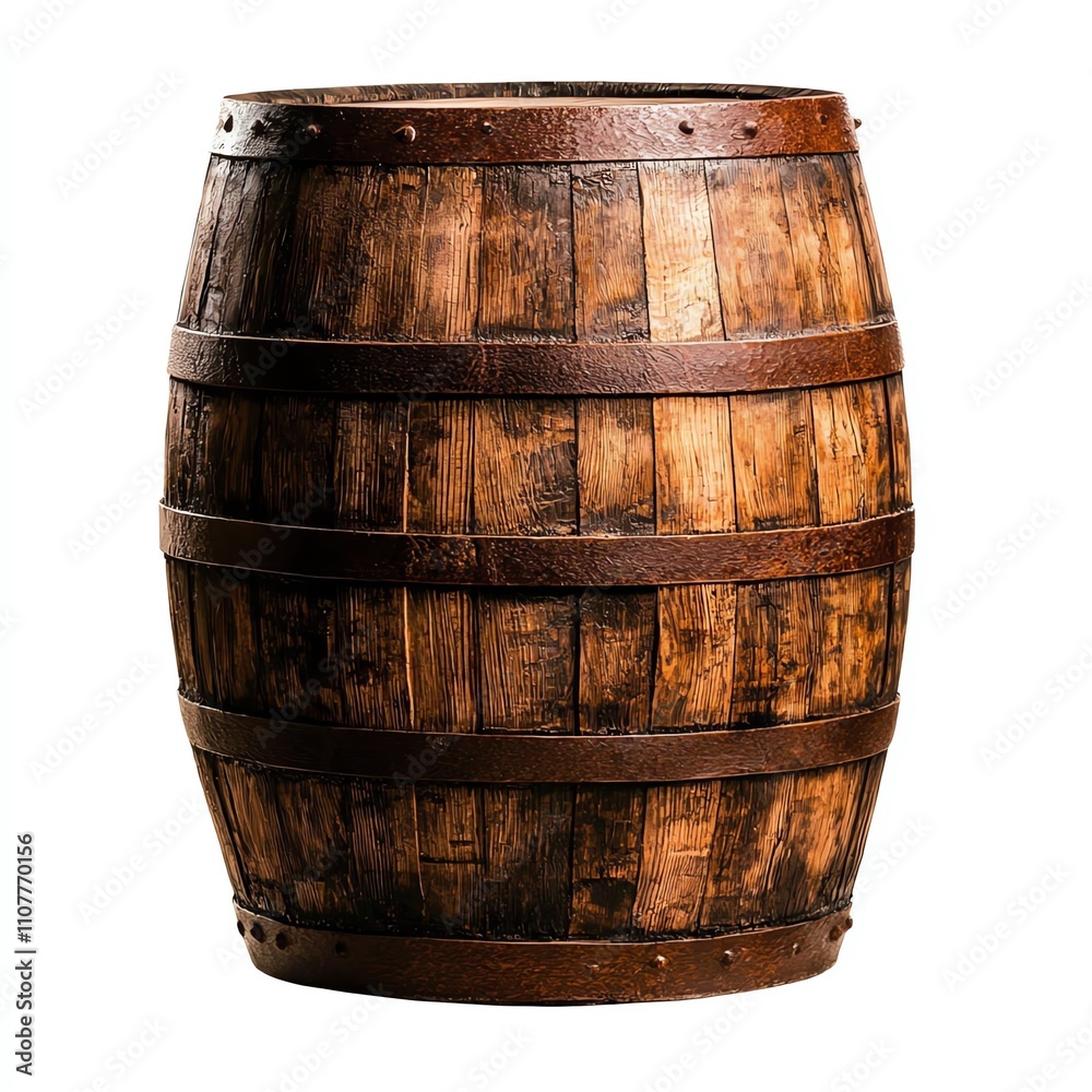 Fototapeta premium A rustic wooden barrel with a sturdy design, featuring metal bands and a rich texture, perfect for storage or decoration in a themed setting.