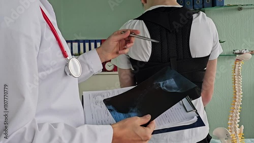 Doctor examining patient back with x-ray of spine