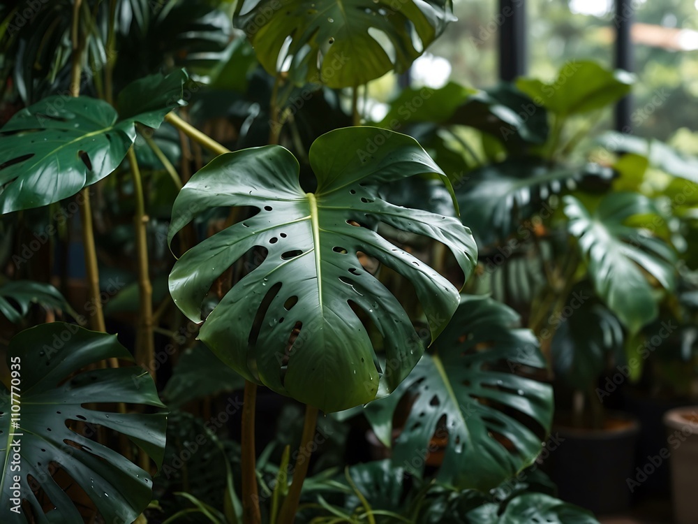 Obraz premium Monstera leaves in a tropical greenhouse.