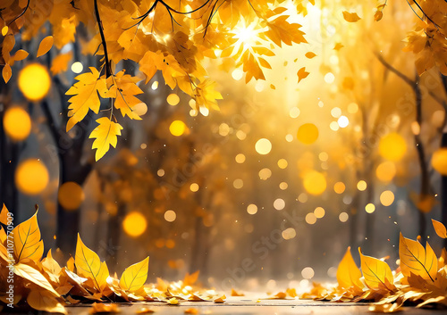 Beautiful autumn with yellow leaves. Autumn background with sunshine bokeh and glow falling leaves. Golden maple leaves falling on an autumn forest floor. Autumn landscape in the woods during golden h photo