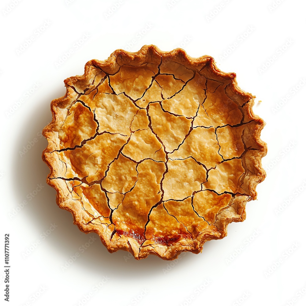 Obraz premium A beautifully baked, golden-brown pie crust with a cracked surface, isolated on a white background, perfect for showcasing culinary creativity.