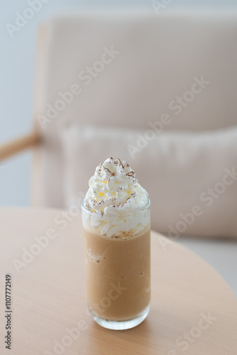 juice and cafe, dessert on table. Cappuccino milkshake on wooden table