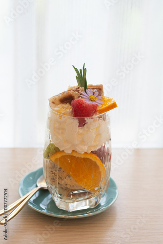 croffle iceceram and fruit, featuring honey and whipped cream.